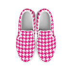 Hot Pink And White Houndstooth Print White Slip On Shoes