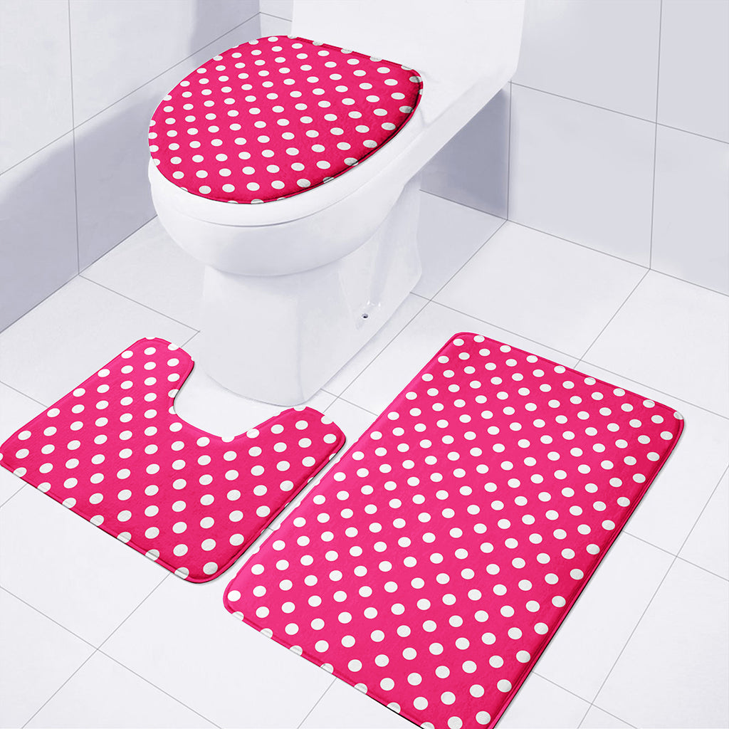 Hot Pink And White Polka Dot Print 3 Piece Bath Mat Set