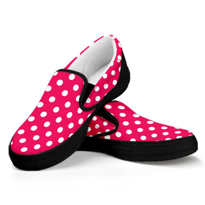 Hot Pink And White Polka Dot Print Black Slip On Shoes
