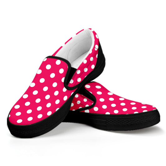 Hot Pink And White Polka Dot Print Black Slip On Shoes