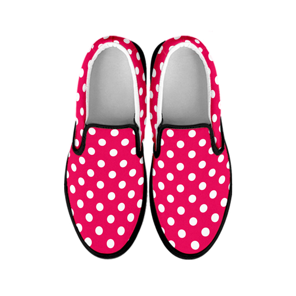 Hot Pink And White Polka Dot Print Black Slip On Shoes