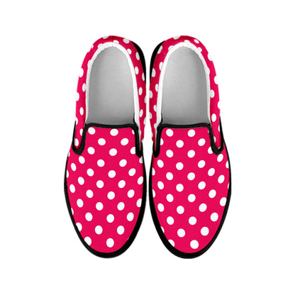 Hot Pink And White Polka Dot Print Black Slip On Shoes