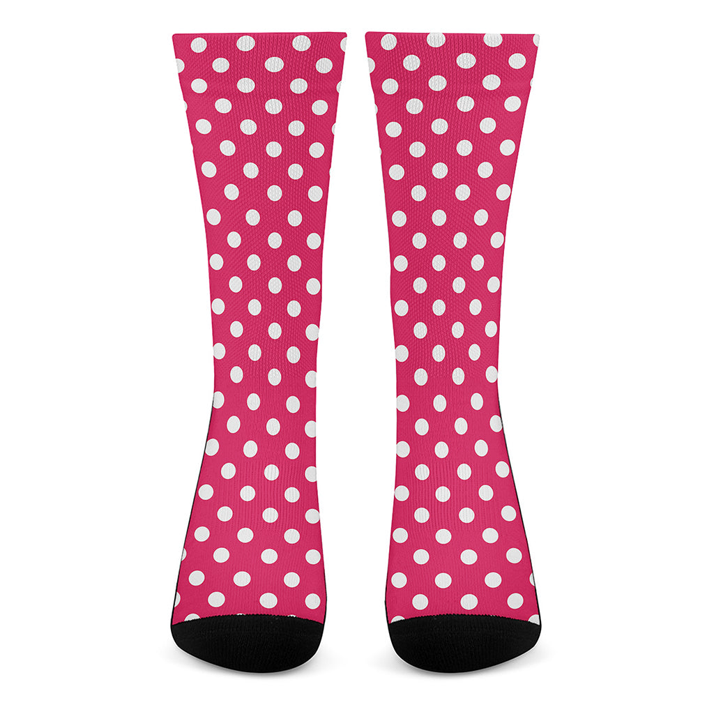 Hot Pink And White Polka Dot Print Crew Socks