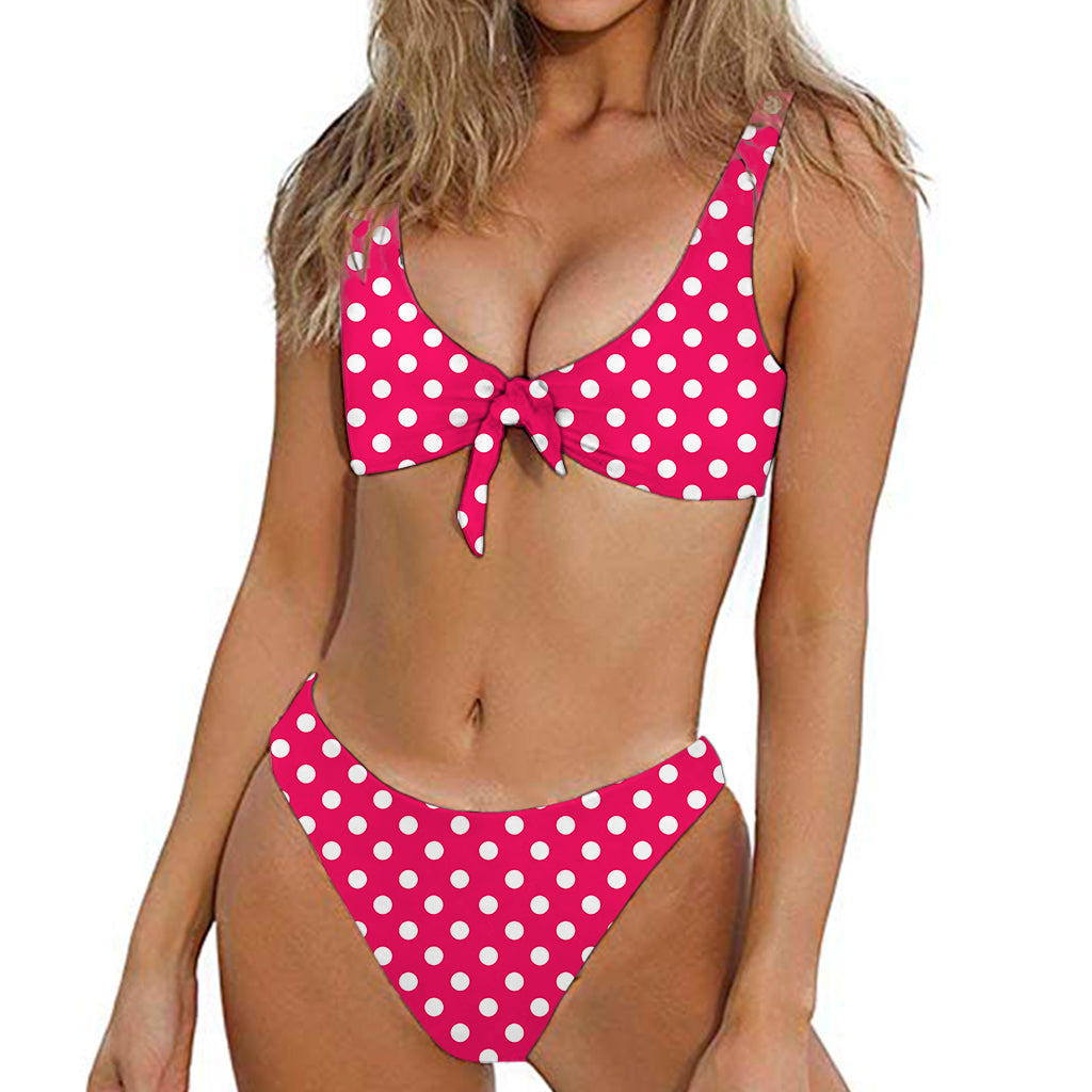 Hot Pink And White Polka Dot Print Front Bow Tie Bikini