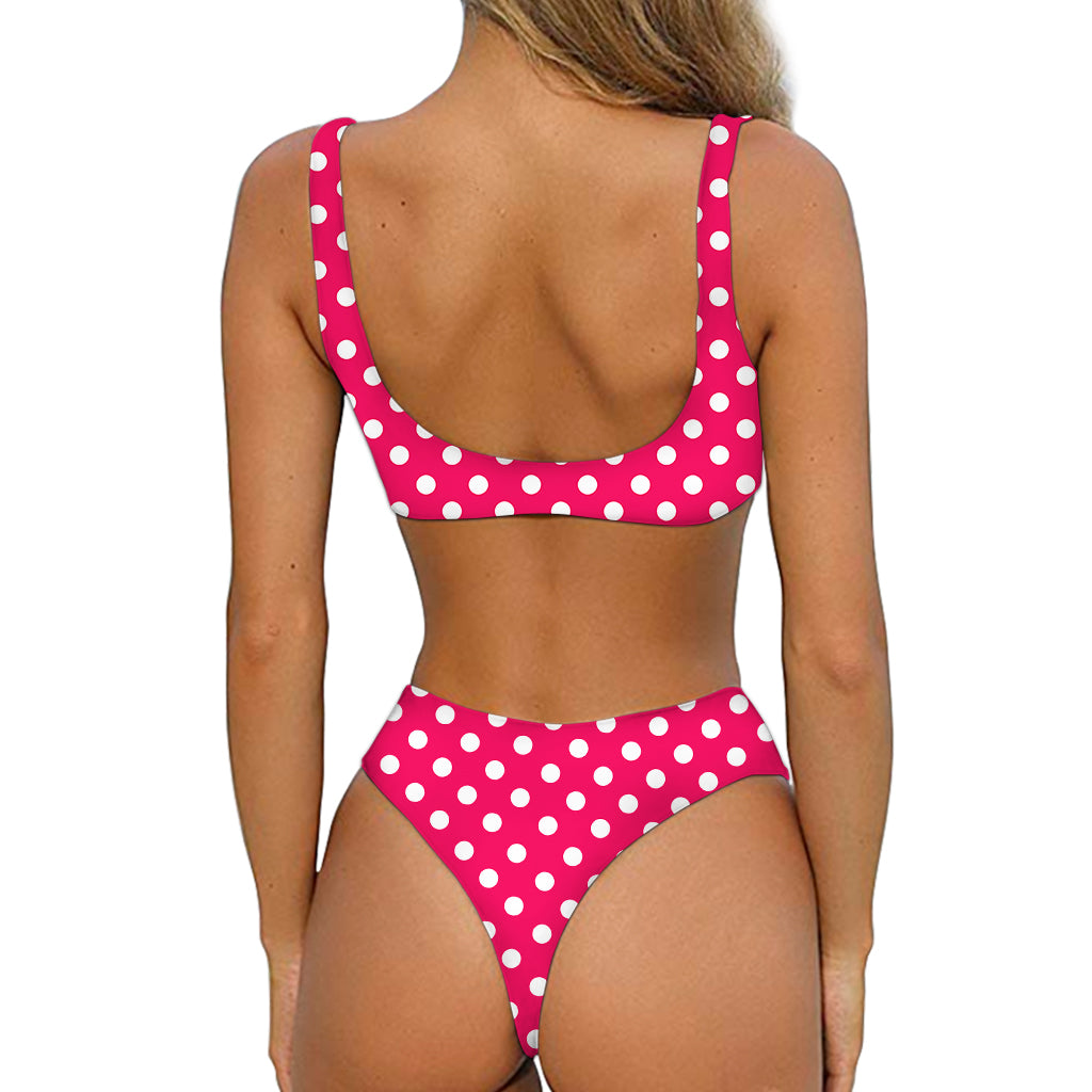 Hot Pink And White Polka Dot Print Front Bow Tie Bikini