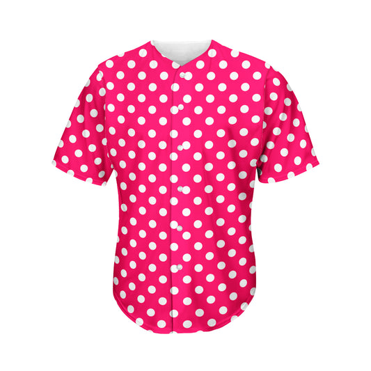 Hot Pink And White Polka Dot Print Men's Baseball Jersey