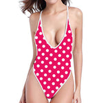 Hot Pink And White Polka Dot Print One Piece High Cut Swimsuit