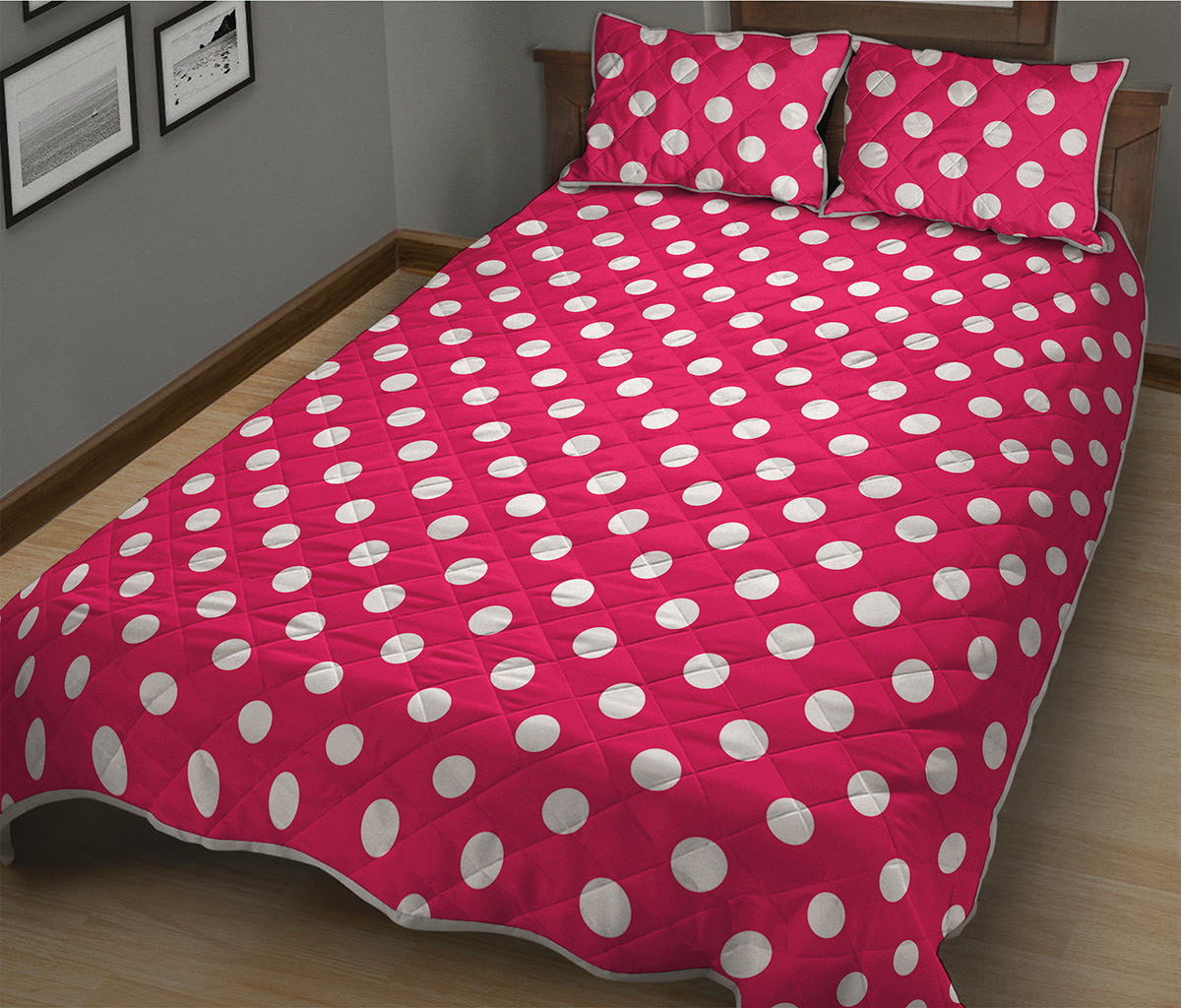 Hot Pink And White Polka Dot Print Quilt Bed Set