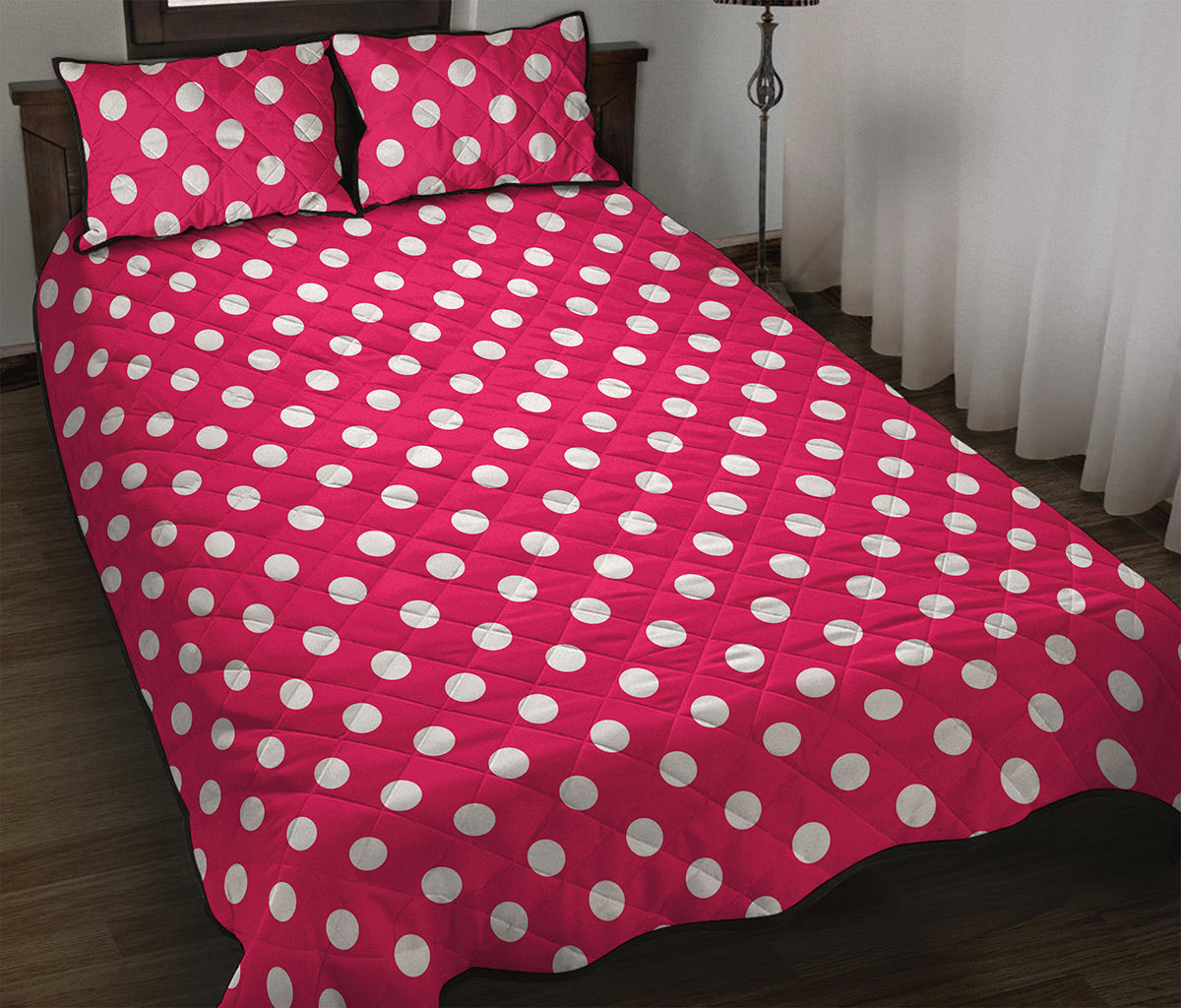Hot Pink And White Polka Dot Print Quilt Bed Set