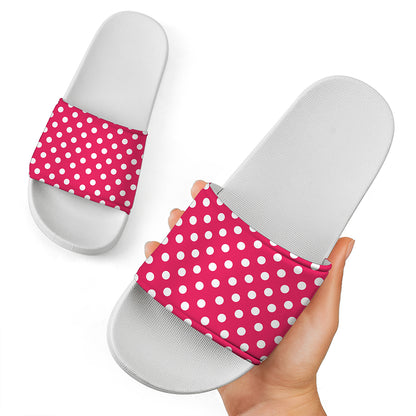 Hot Pink And White Polka Dot Print White Slide Sandals