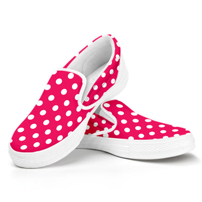 Hot Pink And White Polka Dot Print White Slip On Shoes