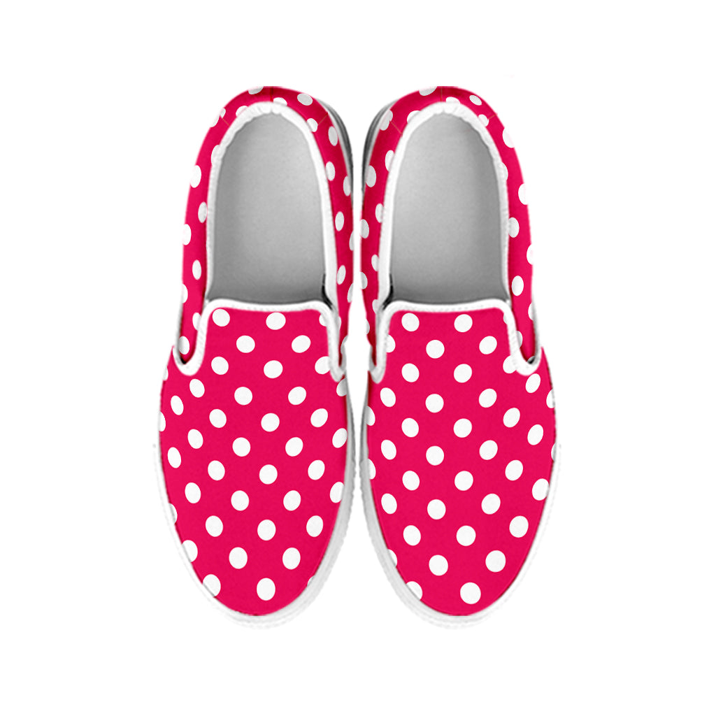 Hot Pink And White Polka Dot Print White Slip On Shoes