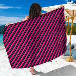Hot Pink Black And Blue Stripes Print Beach Sarong Wrap