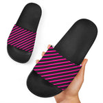 Hot Pink Black And Blue Stripes Print Black Slide Sandals