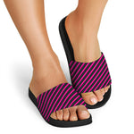 Hot Pink Black And Blue Stripes Print Black Slide Sandals