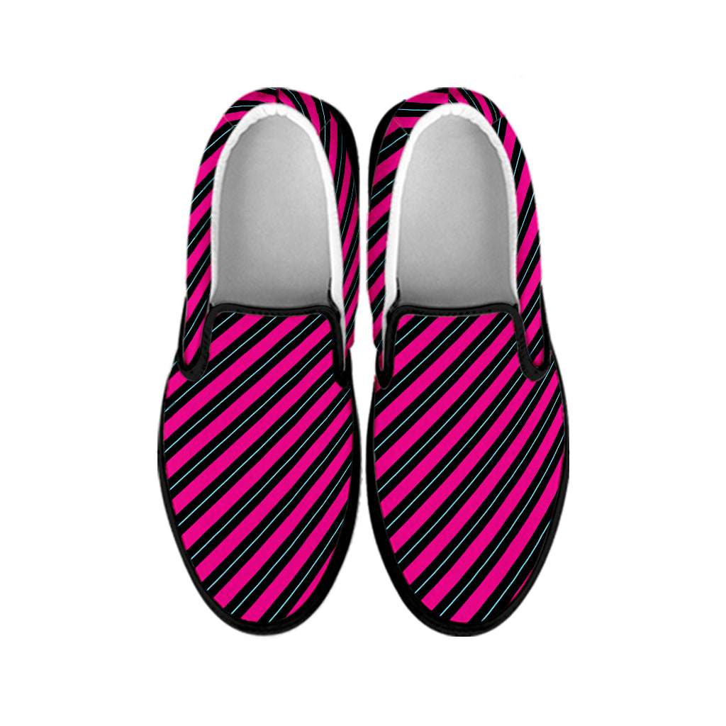 Hot Pink Black And Blue Stripes Print Black Slip On Shoes