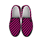 Hot Pink Black And Blue Stripes Print Black Slip On Shoes