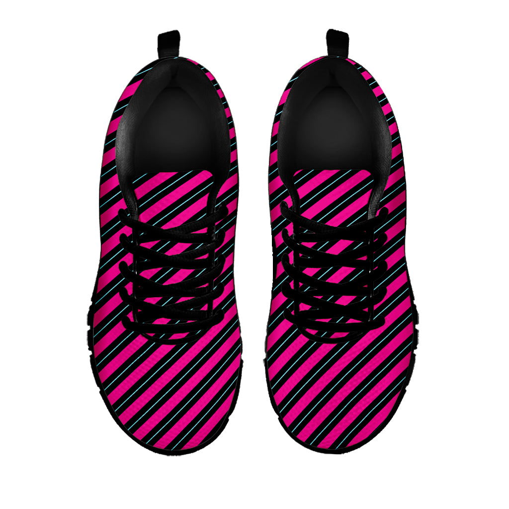 Hot Pink Black And Blue Stripes Print Black Sneakers