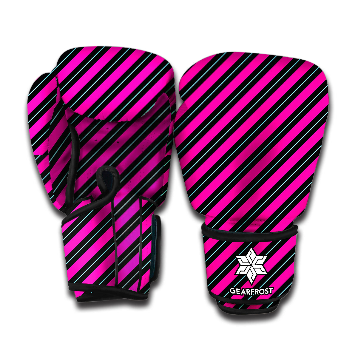 Hot Pink Black And Blue Stripes Print Boxing Gloves