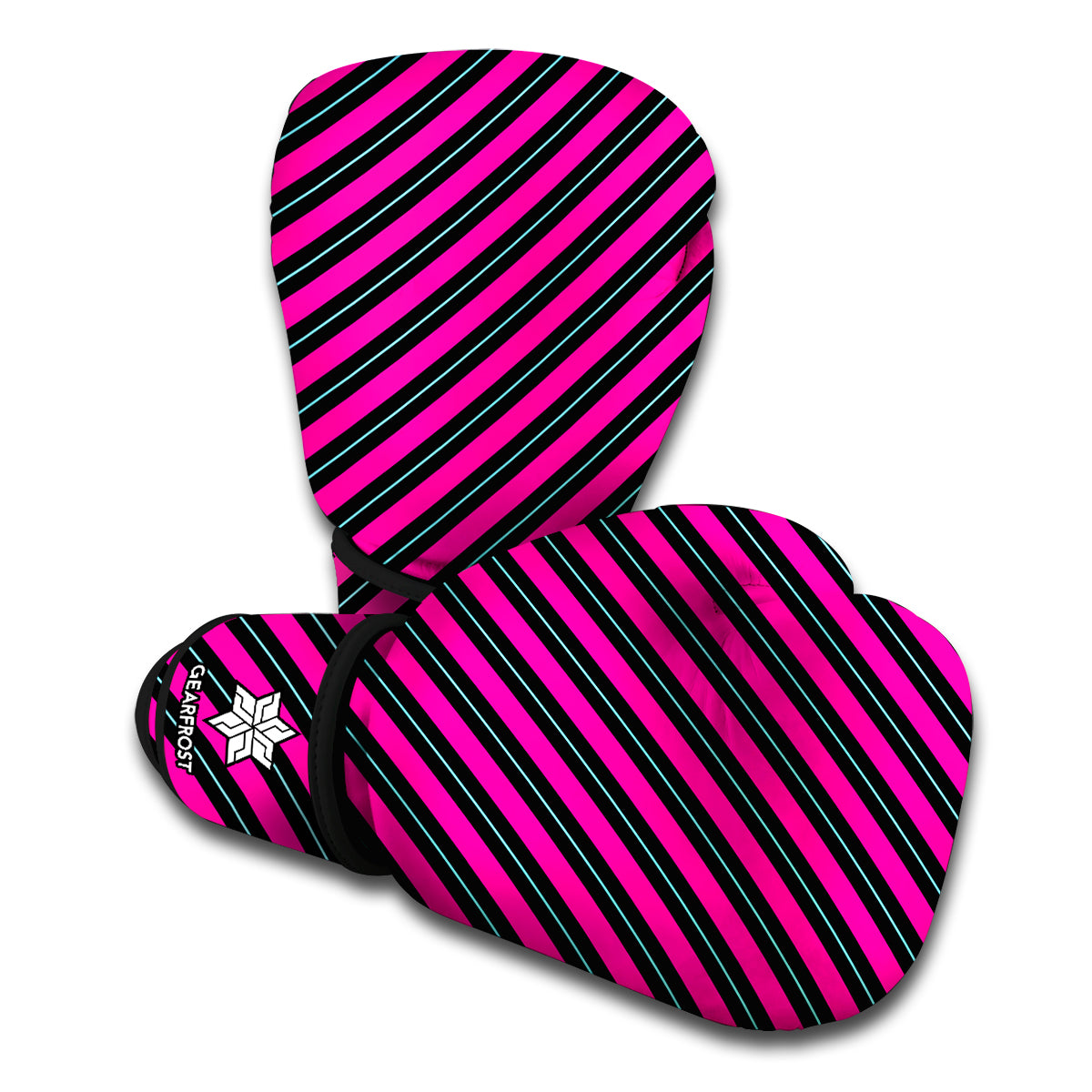 Hot Pink Black And Blue Stripes Print Boxing Gloves