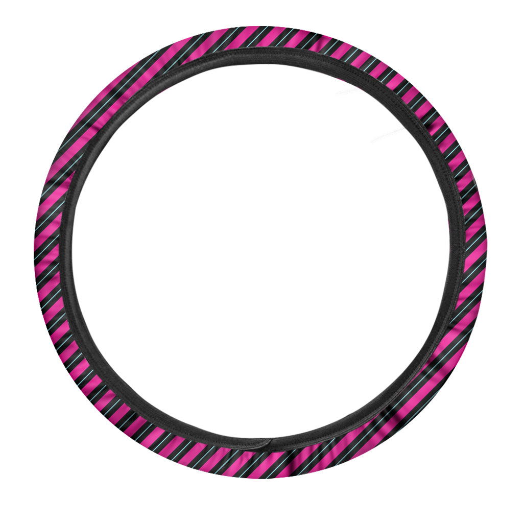 Hot Pink Black And Blue Stripes Print Car Steering Wheel Cover