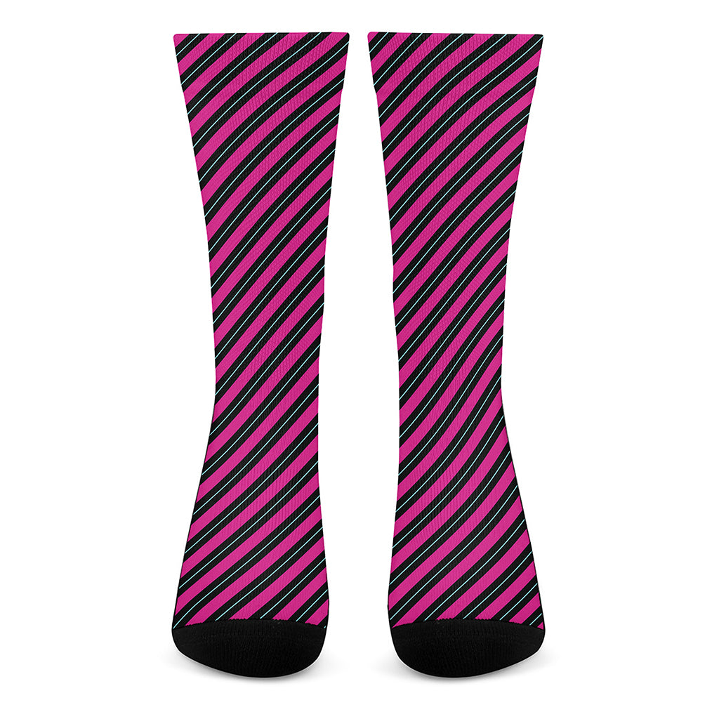 Hot Pink Black And Blue Stripes Print Crew Socks