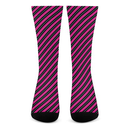 Hot Pink Black And Blue Stripes Print Crew Socks