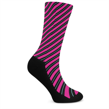Hot Pink Black And Blue Stripes Print Crew Socks