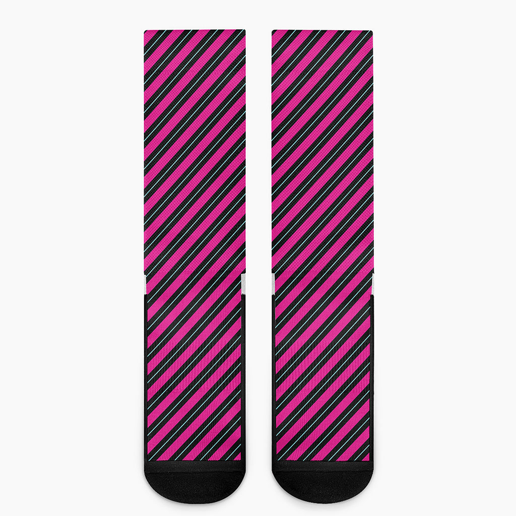 Hot Pink Black And Blue Stripes Print Crew Socks