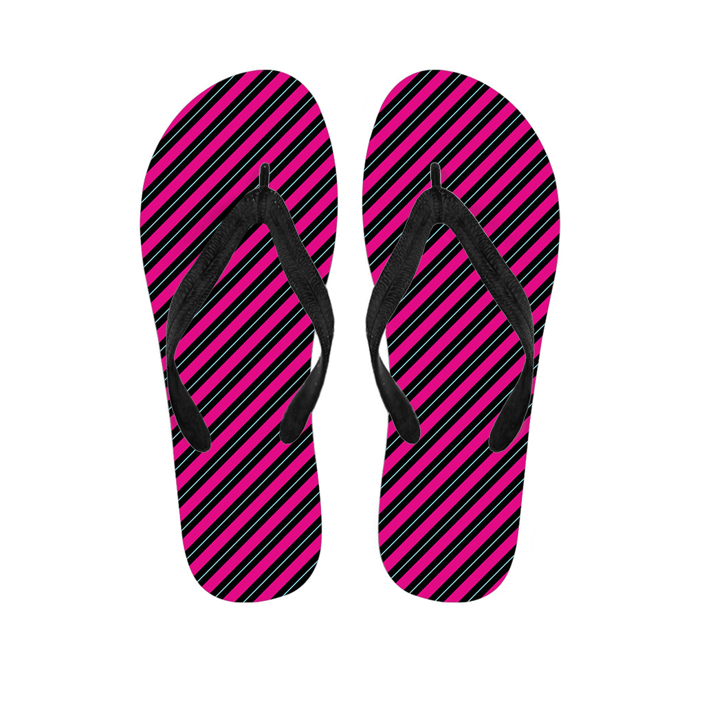 Hot Pink Black And Blue Stripes Print Flip Flops