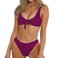 Hot Pink Black And Blue Stripes Print Front Bow Tie Bikini