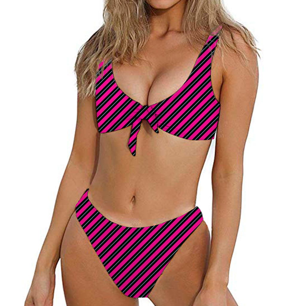 Hot Pink Black And Blue Stripes Print Front Bow Tie Bikini
