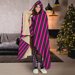 Hot Pink Black And Blue Stripes Print Hooded Blanket