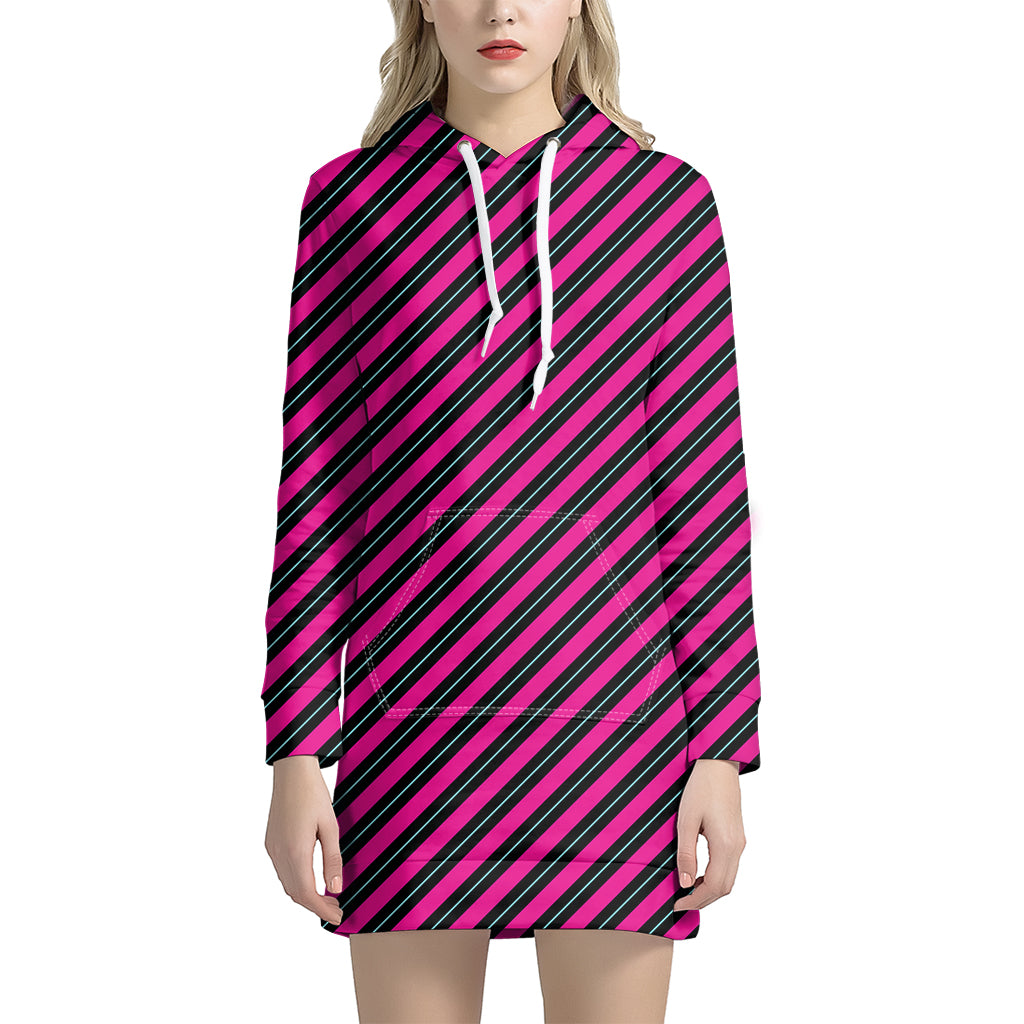 Hot Pink Black And Blue Stripes Print Hoodie Dress