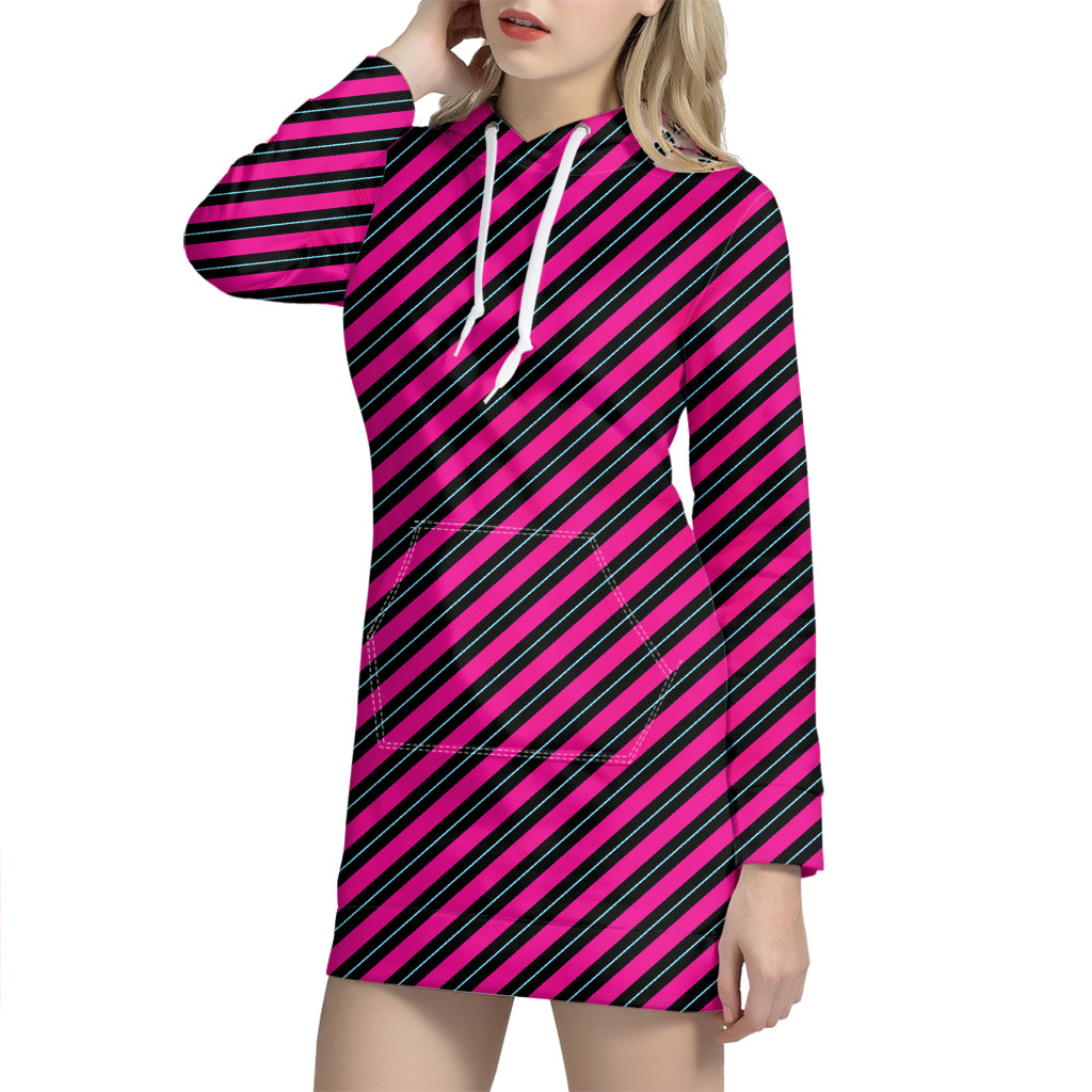 Hot Pink Black And Blue Stripes Print Hoodie Dress