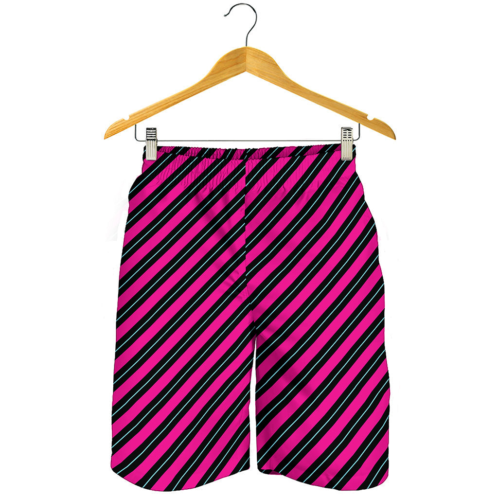 Hot Pink Black And Blue Stripes Print Men's Shorts