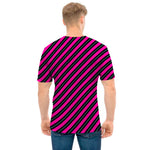 Hot Pink Black And Blue Stripes Print Men's T-Shirt