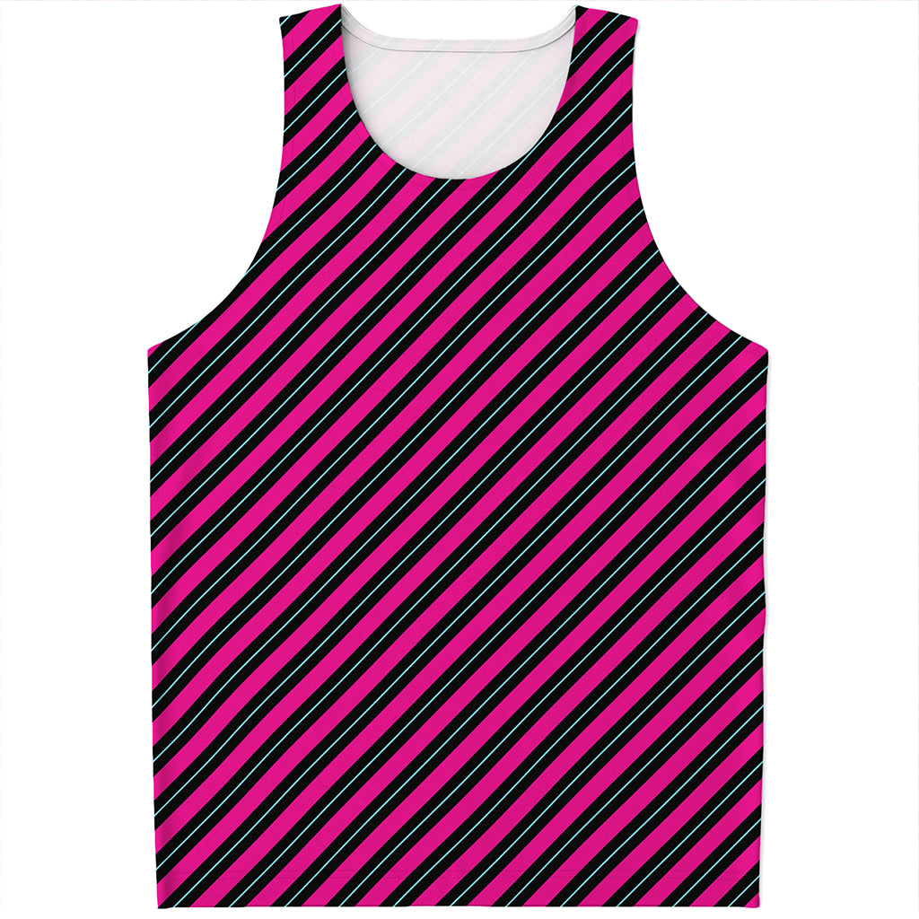 Hot Pink Black And Blue Stripes Print Men's Tank Top