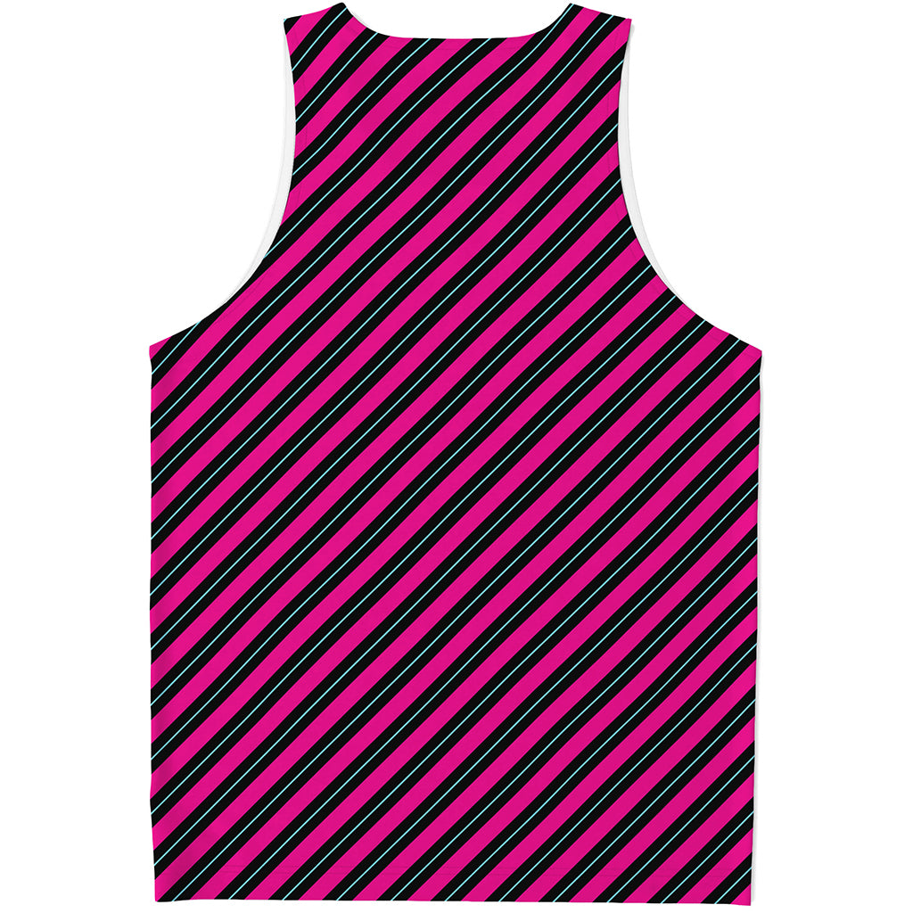 Hot Pink Black And Blue Stripes Print Men's Tank Top