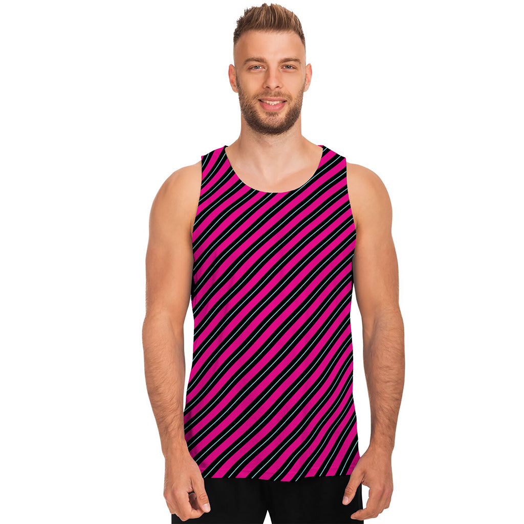 Hot Pink Black And Blue Stripes Print Men's Tank Top