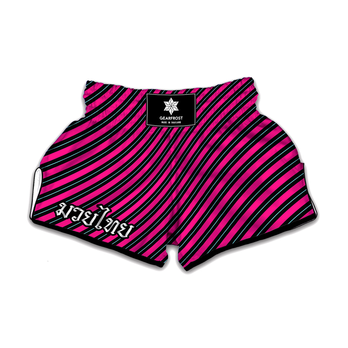 Hot Pink Black And Blue Stripes Print Muay Thai Boxing Shorts