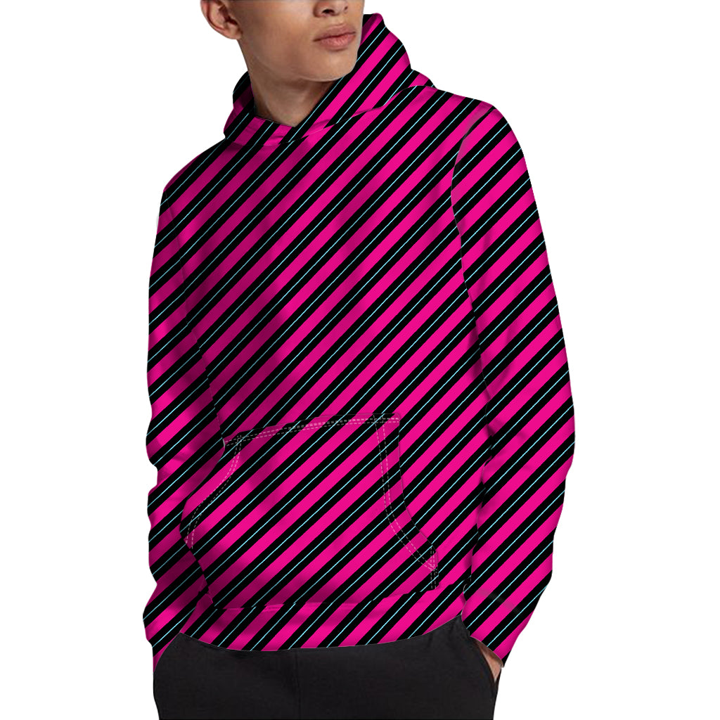 Hot Pink Black And Blue Stripes Print Pullover Hoodie