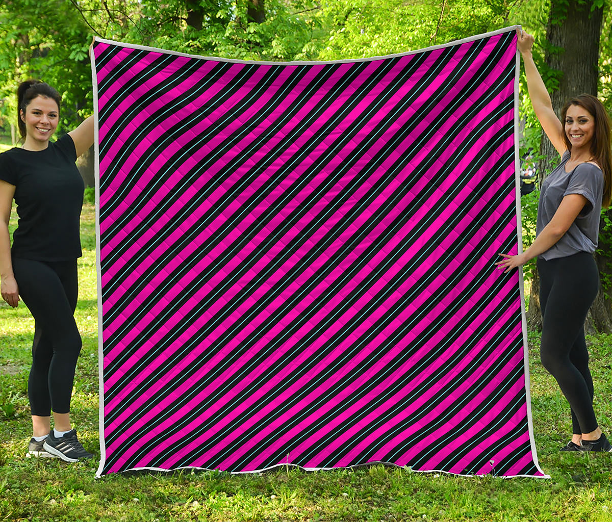 Hot Pink Black And Blue Stripes Print Quilt
