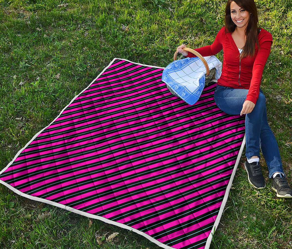 Hot Pink Black And Blue Stripes Print Quilt