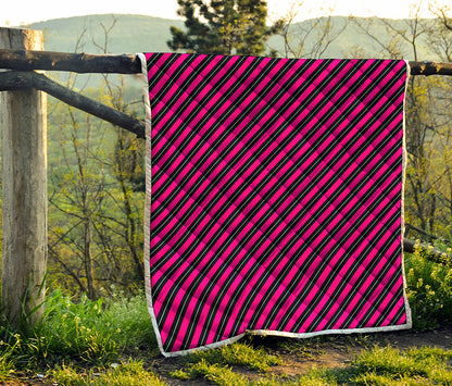 Hot Pink Black And Blue Stripes Print Quilt