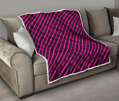 Hot Pink Black And Blue Stripes Print Quilt