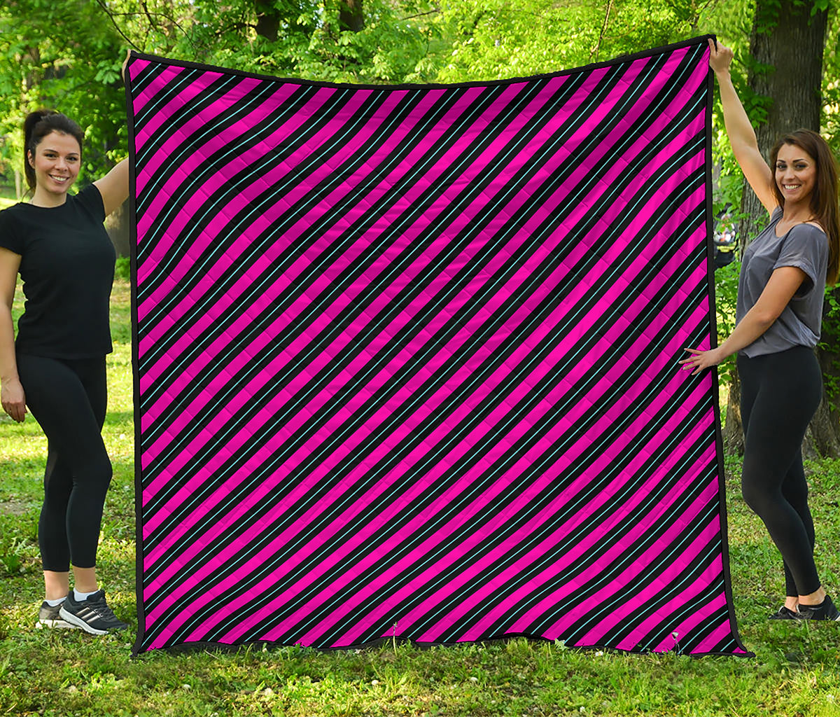 Hot Pink Black And Blue Stripes Print Quilt
