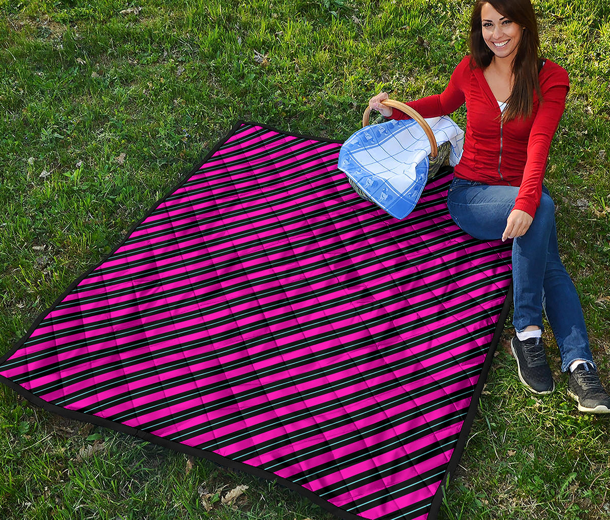 Hot Pink Black And Blue Stripes Print Quilt