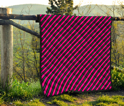 Hot Pink Black And Blue Stripes Print Quilt