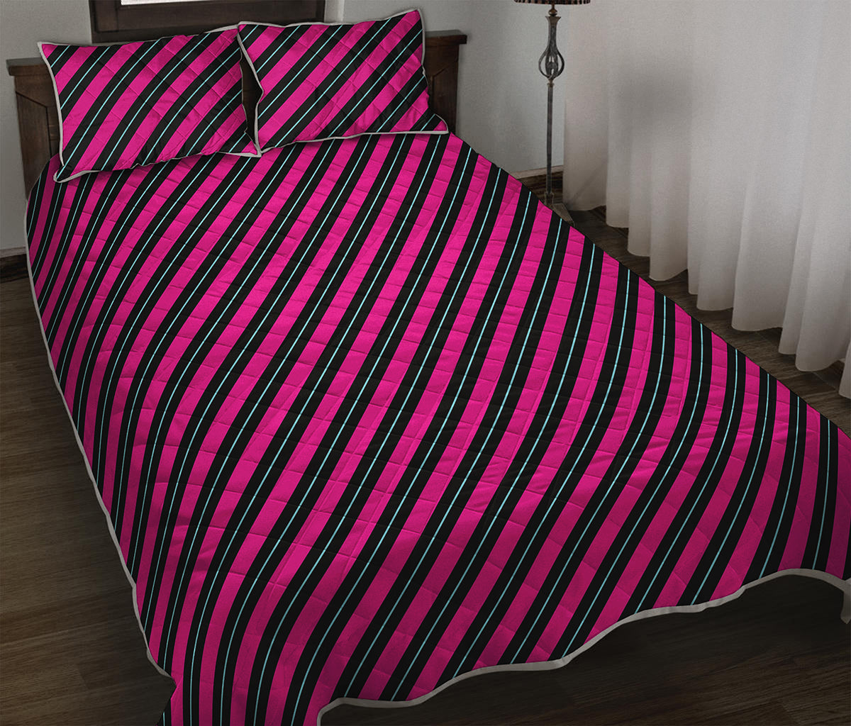 Hot Pink Black And Blue Stripes Print Quilt Bed Set